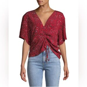 Lovers and FriendsValentina Ruched Leopard-Print Red Tee Size M